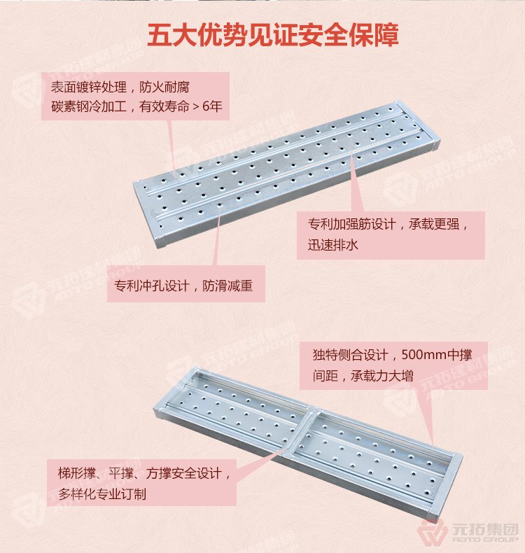 元拓 河北熱鍍鋅鋼跳板 可定制帶掛鉤鍍鋅腳手板 質(zhì)量可靠 供應直銷 五大優(yōu)勢見證安全保障，表面鍍鋅處理，防火耐腐，碳素鋼冷加工，壽命大于6年，加強筋設計，專業(yè)沖孔，防滑設計，