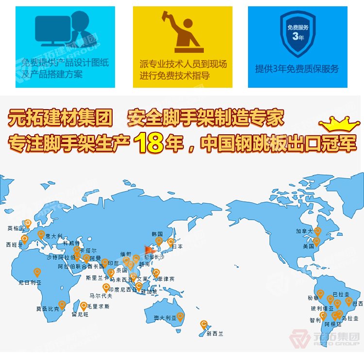 元拓建材集團，安全腳手架制造專家！專注腳手架生產(chǎn)18年，中國鋼跳板出口冠軍！